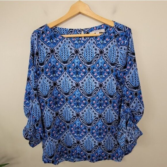 LOFT | Blue Pink Print Blouse Womens Small Keyhole Back Office - Picture 2 of 6